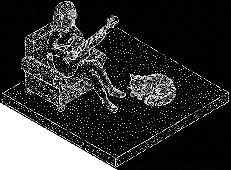 거실에서 기타 치며 고양이와 쉬는 일러스트